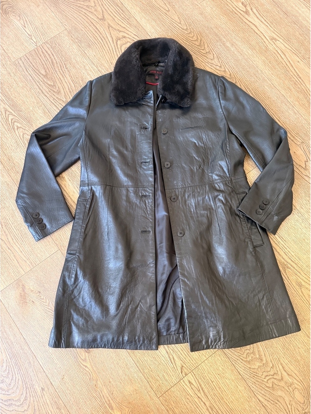 Y2K Anne Klein Lambskin Leather Coat with Removable Faux Fur Collar, Size Large
